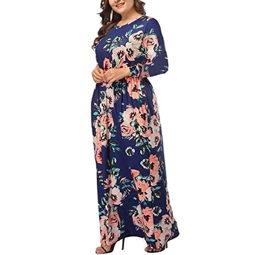 Women's Gathered Waist Navy Floral Print Bohemian Maxi Dress w/Pockets | XS-L